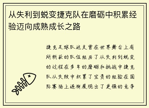从失利到蜕变捷克队在磨砺中积累经验迈向成熟成长之路